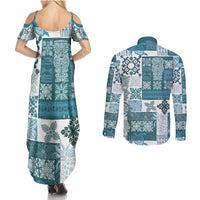 Hawaiian Quilt Couples Matching Summer Maxi Dress and Long Sleeve Button Shirt Tiki Tropical Retro Dark Cyan Version - Wonder Print Shop