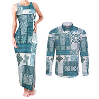 Hawaiian Quilt Couples Matching Tank Maxi Dress and Long Sleeve Button Shirt Tiki Tropical Retro Dark Cyan Version - Wonder Print Shop