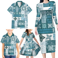 Hawaiian Quilt Family Matching Long Sleeve Bodycon Dress and Hawaiian Shirt Tiki Tropical Retro Dark Cyan Version - Wonder Print Shop