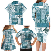 Hawaiian Quilt Family Matching Long Sleeve Bodycon Dress and Hawaiian Shirt Tiki Tropical Retro Dark Cyan Version - Wonder Print Shop