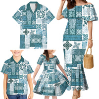 Hawaiian Quilt Family Matching Mermaid Dress and Hawaiian Shirt Tiki Tropical Retro Dark Cyan Version - Wonder Print Shop