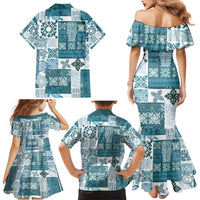 Hawaiian Quilt Family Matching Mermaid Dress and Hawaiian Shirt Tiki Tropical Retro Dark Cyan Version - Wonder Print Shop