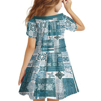 Hawaiian Quilt Family Matching Off Shoulder Long Sleeve Dress and Hawaiian Shirt Tiki Tropical Retro Dark Cyan Version - Wonder Print Shop