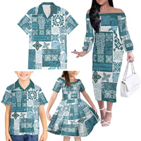 Hawaiian Quilt Family Matching Off Shoulder Long Sleeve Dress and Hawaiian Shirt Tiki Tropical Retro Dark Cyan Version - Wonder Print Shop