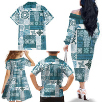 Hawaiian Quilt Family Matching Off Shoulder Long Sleeve Dress and Hawaiian Shirt Tiki Tropical Retro Dark Cyan Version - Wonder Print Shop