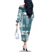 Hawaiian Quilt Family Matching Off Shoulder Long Sleeve Dress and Hawaiian Shirt Tiki Tropical Retro Dark Cyan Version - Wonder Print Shop