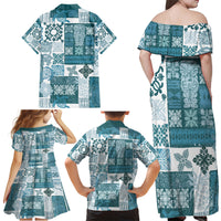 Hawaiian Quilt Family Matching Off Shoulder Maxi Dress and Hawaiian Shirt Tiki Tropical Retro Dark Cyan Version - Wonder Print Shop
