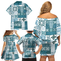 Hawaiian Quilt Family Matching Off Shoulder Short Dress and Hawaiian Shirt Tiki Tropical Retro Dark Cyan Version - Wonder Print Shop