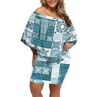 Hawaiian Quilt Family Matching Off Shoulder Short Dress and Hawaiian Shirt Tiki Tropical Retro Dark Cyan Version - Wonder Print Shop