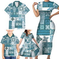 Hawaiian Quilt Family Matching Short Sleeve Bodycon Dress and Hawaiian Shirt Tiki Tropical Retro Dark Cyan Version - Wonder Print Shop