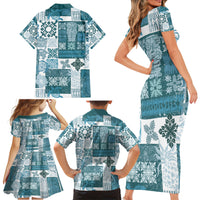 Hawaiian Quilt Family Matching Short Sleeve Bodycon Dress and Hawaiian Shirt Tiki Tropical Retro Dark Cyan Version - Wonder Print Shop