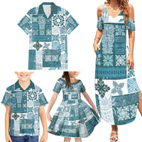 Hawaiian Quilt Family Matching Summer Maxi Dress and Hawaiian Shirt Tiki Tropical Retro Dark Cyan Version - Wonder Print Shop