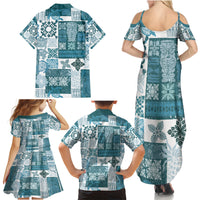 Hawaiian Quilt Family Matching Summer Maxi Dress and Hawaiian Shirt Tiki Tropical Retro Dark Cyan Version - Wonder Print Shop