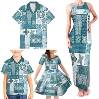 Hawaiian Quilt Family Matching Tank Maxi Dress and Hawaiian Shirt Tiki Tropical Retro Dark Cyan Version - Wonder Print Shop