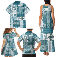 Hawaiian Quilt Family Matching Tank Maxi Dress and Hawaiian Shirt Tiki Tropical Retro Dark Cyan Version - Wonder Print Shop