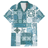 Dark cyan Hawaiian-style quilt patchwork button-up shirt with tropical print