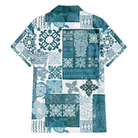 Dark cyan quilt patchwork tropical print button-up shirt, back view
