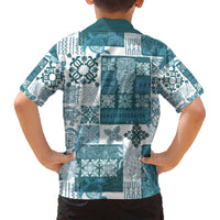 Kids’ dark cyan patchwork tropical print button-up shirt, back view