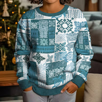 Hawaiian Quilt Kid Ugly Christmas Sweater Tiki Tropical Retro Dark Cyan Version - Wonder Print Shop