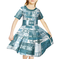 Hawaiian Quilt Kid Short Sleeve Dress Tiki Tropical Retro Dark Cyan Version - Wonder Print Shop