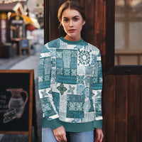 Hawaiian Quilt Ugly Christmas Sweater Tiki Tropical Retro Dark Cyan Version - Wonder Print Shop