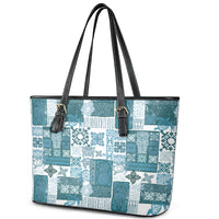 Hawaiian Quilt Leather Tote Bag Tiki Tropical Retro Dark Cyan Version - Wonder Print Shop