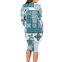 Hawaiian Quilt Long Sleeve Bodycon Dress Tiki Tropical Retro Dark Cyan Version - Wonder Print Shop