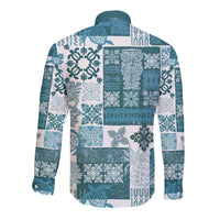 Hawaiian Quilt Long Sleeve Button Shirt Tiki Tropical Retro Dark Cyan Version - Wonder Print Shop
