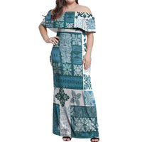 Hawaiian Quilt Off Shoulder Maxi Dress Tiki Tropical Retro Dark Cyan Version - Wonder Print Shop