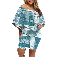 Hawaiian Quilt Off Shoulder Short Dress Tiki Tropical Retro Dark Cyan Version - Wonder Print Shop