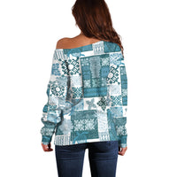 Hawaiian Quilt Off Shoulder Sweater Tiki Tropical Retro Dark Cyan Version - Wonder Print Shop