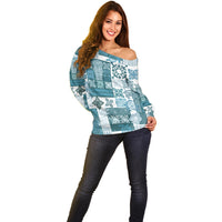 Hawaiian Quilt Off Shoulder Sweater Tiki Tropical Retro Dark Cyan Version - Wonder Print Shop