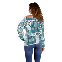 Hawaiian Quilt Off Shoulder Sweater Tiki Tropical Retro Dark Cyan Version - Wonder Print Shop