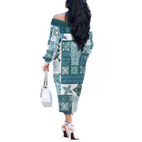 Hawaiian Quilt Off The Shoulder Long Sleeve Dress Tiki Tropical Retro Dark Cyan Version - Wonder Print Shop