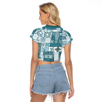 Hawaiian Quilt Raglan Cropped T Shirt Tiki Tropical Retro Dark Cyan Version - Wonder Print Shop