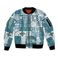 Hawaiian Quilt Sleeve Zip Bomber Jacket Tiki Tropical Retro Dark Cyan Version - Wonder Print Shop