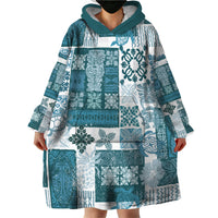 Hawaiian Quilt Wearable Blanket Hoodie Tiki Tropical Retro Dark Cyan Version - Wonder Print Shop