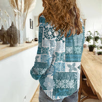 Hawaiian Quilt Women Casual Shirt Tiki Tropical Retro Dark Cyan Version - Wonder Print Shop