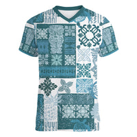 Hawaiian Quilt Women V Neck T Shirt Tiki Tropical Retro Dark Cyan Version - Wonder Print Shop