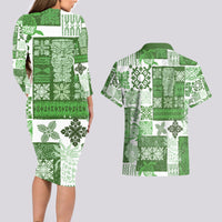 Hawaiian Quilt Couples Matching Long Sleeve Bodycon Dress and Hawaiian Shirt Tiki Tropical Retro Green Version - Wonder Print Shop