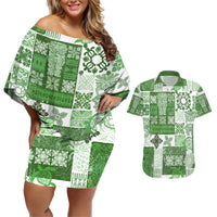 Hawaiian Quilt Couples Matching Off Shoulder Short Dress and Hawaiian Shirt Tiki Tropical Retro Green Version - Wonder Print Shop