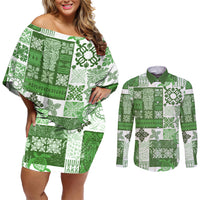 Hawaiian Quilt Couples Matching Off Shoulder Short Dress and Long Sleeve Button Shirt Tiki Tropical Retro Green Version - Wonder Print Shop