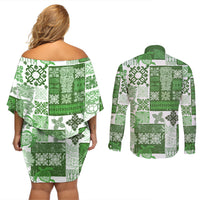 Hawaiian Quilt Couples Matching Off Shoulder Short Dress and Long Sleeve Button Shirt Tiki Tropical Retro Green Version - Wonder Print Shop