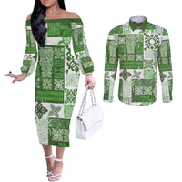 hawaiian-quilt-couples-matching-off-the-shoulder-long-sleeve-dress-and-long-sleeve-button-shirt-tiki-tropical-retro-green-version