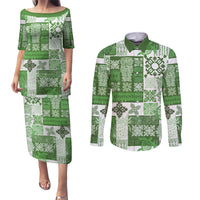 Hawaiian Quilt Couples Matching Puletasi Dress and Long Sleeve Button Shirt Tiki Tropical Retro Green Version - Wonder Print Shop