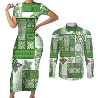Hawaiian Quilt Couples Matching Short Sleeve Bodycon Dress and Long Sleeve Button Shirt Tiki Tropical Retro Green Version - Wonder Print Shop