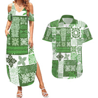 Hawaiian Quilt Couples Matching Summer Maxi Dress and Hawaiian Shirt Tiki Tropical Retro Green Version - Wonder Print Shop