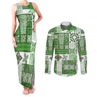 Hawaiian Quilt Couples Matching Tank Maxi Dress and Long Sleeve Button Shirt Tiki Tropical Retro Green Version - Wonder Print Shop