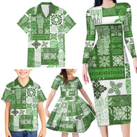 Hawaiian Quilt Family Matching Long Sleeve Bodycon Dress and Hawaiian Shirt Tiki Tropical Retro Green Version - Wonder Print Shop