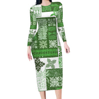 Hawaiian Quilt Family Matching Long Sleeve Bodycon Dress and Hawaiian Shirt Tiki Tropical Retro Green Version - Wonder Print Shop